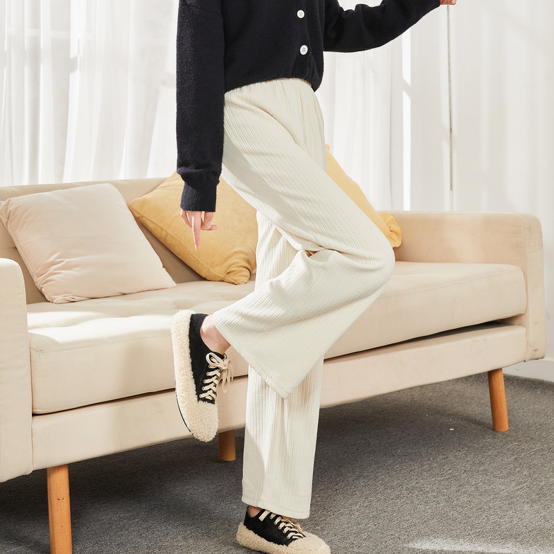 唐狮秋冬季灯芯绒阔腿裤子女加绒高腰宽松显瘦黑色休闲裤子垂感