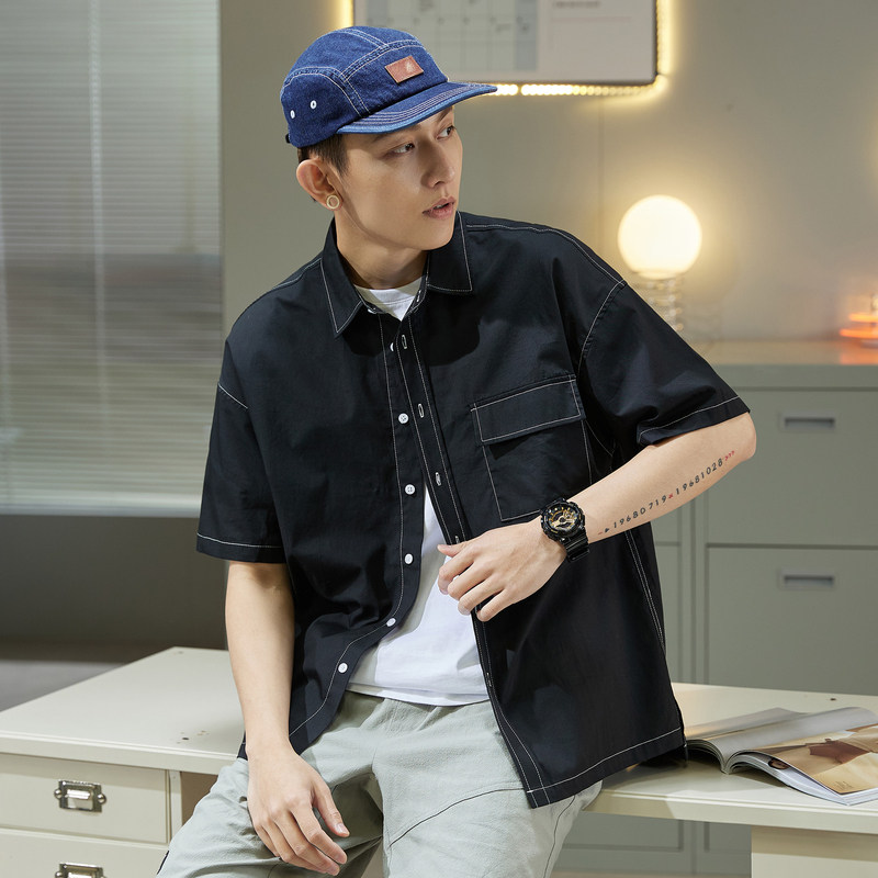 唐狮夏衬衫男翻领车白线短袖衬衫休闲男士衬衣宽松潮流盐系男友风