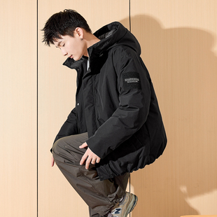 唐狮冬季男连帽袖标绣花装饰短款羽绒服连帽厚外套保暖防风潮TD