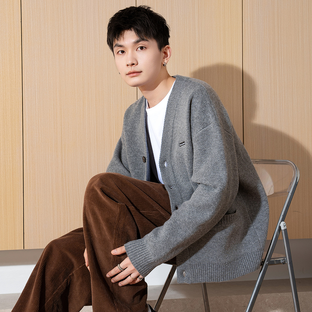 唐狮春新款男士毛衣针织开衫日系休闲v领系扣毛衫外套宽松TE