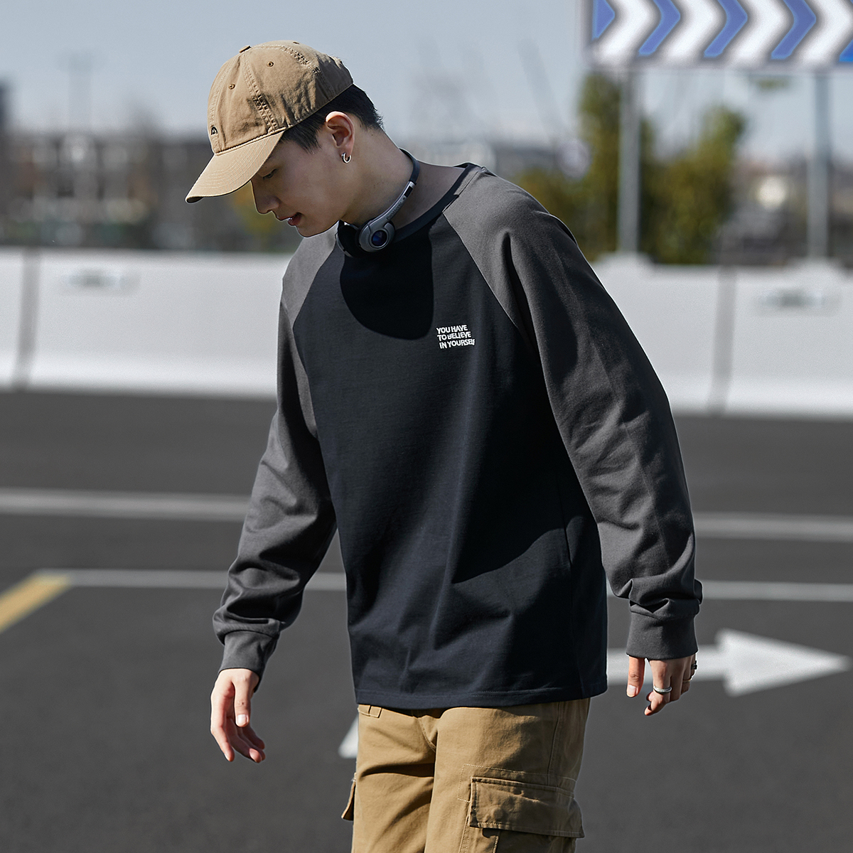 唐狮春秋季新款长袖T恤男撞色拼