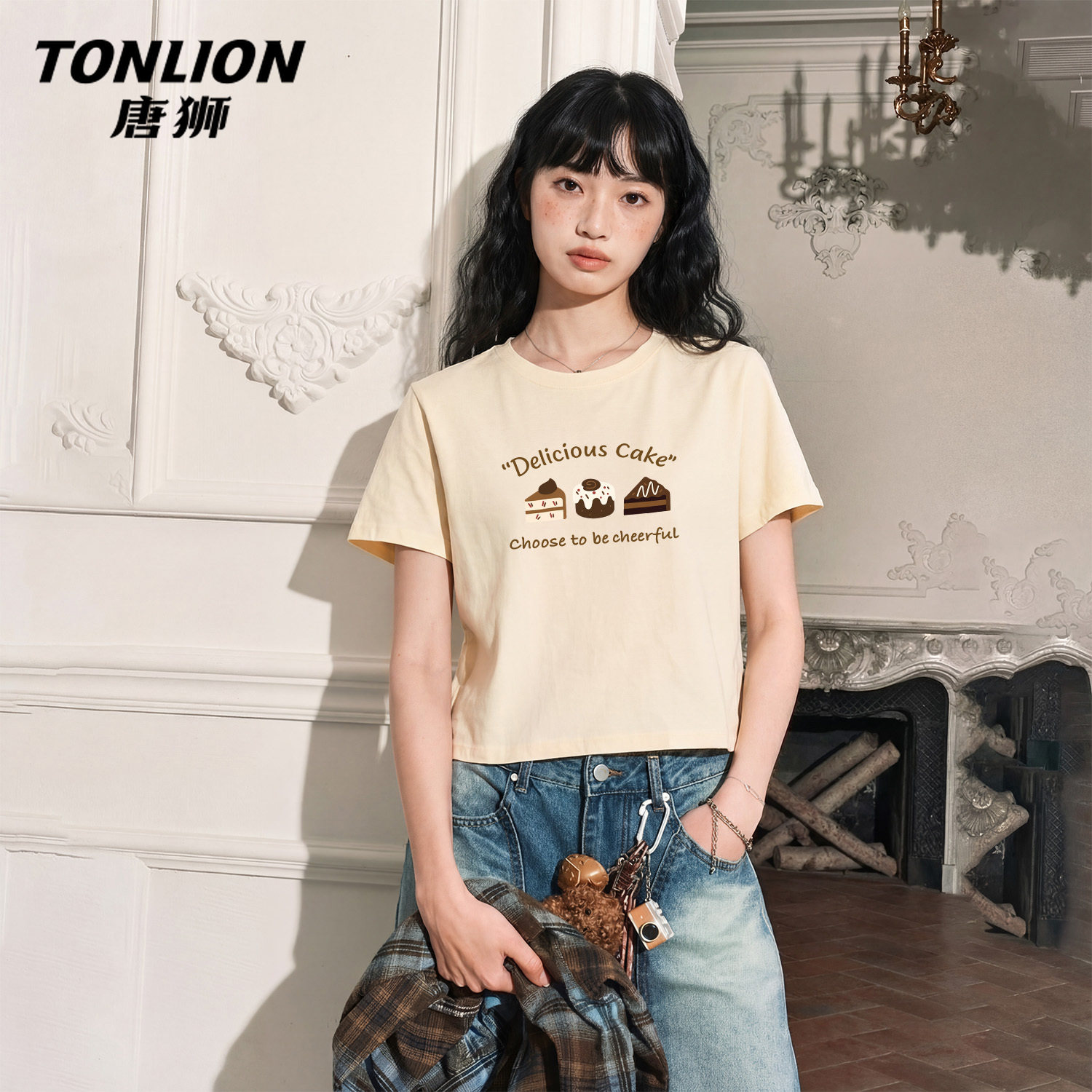 唐狮官方纯棉短袖t恤女2026新款春夏美式宽松短款半袖正肩上衣V