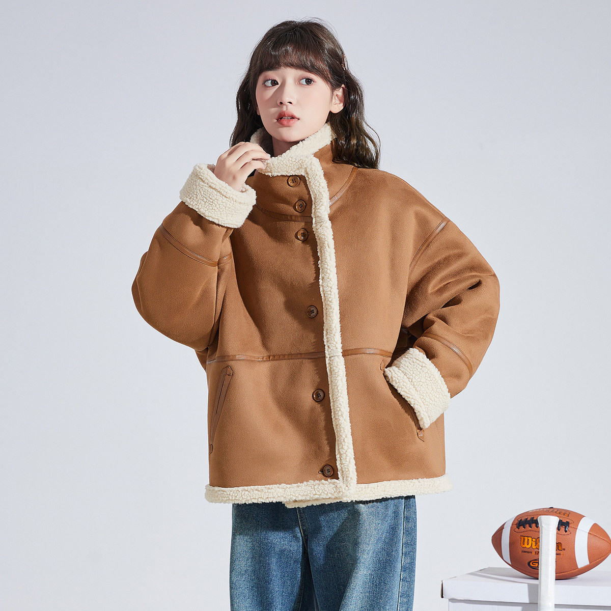 唐狮秋冬季新款外套女立领撞色仿麂皮绒拼接仿羔绒短款外套流行tu