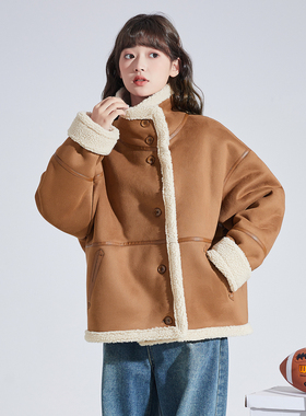 唐狮秋冬季新款外套女立领撞色仿麂皮绒拼接仿羔绒短款外套流行tu