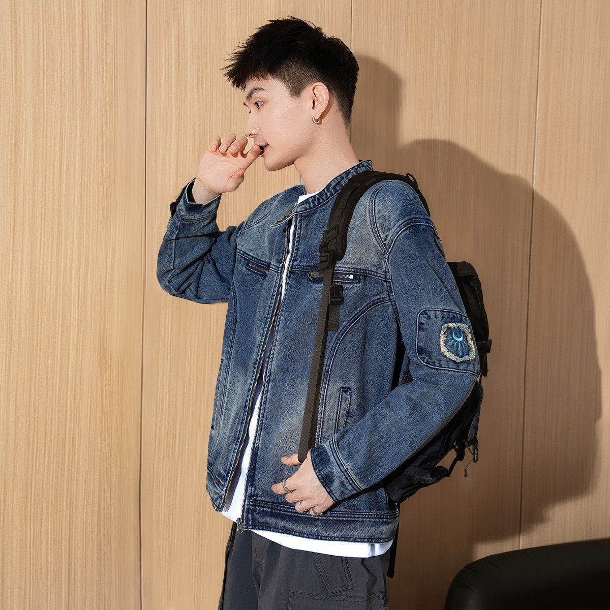 唐狮秋季新款男牛仔外套水洗小立领正肩上衣拼接设计感夹克潮TMTA