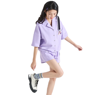 唐狮休闲套装女夏款活泼减龄套装搭配一整套撞色织带小标