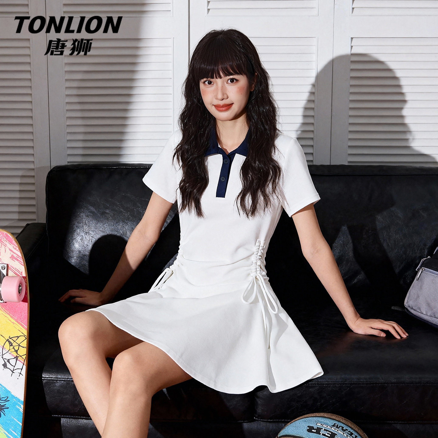 唐狮官方撞色运动风连衣裙女2026新款夏POLO衫短裙抽褶显瘦裙