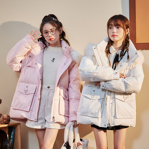 唐狮冬季仿真毛领羽绒服女装外套