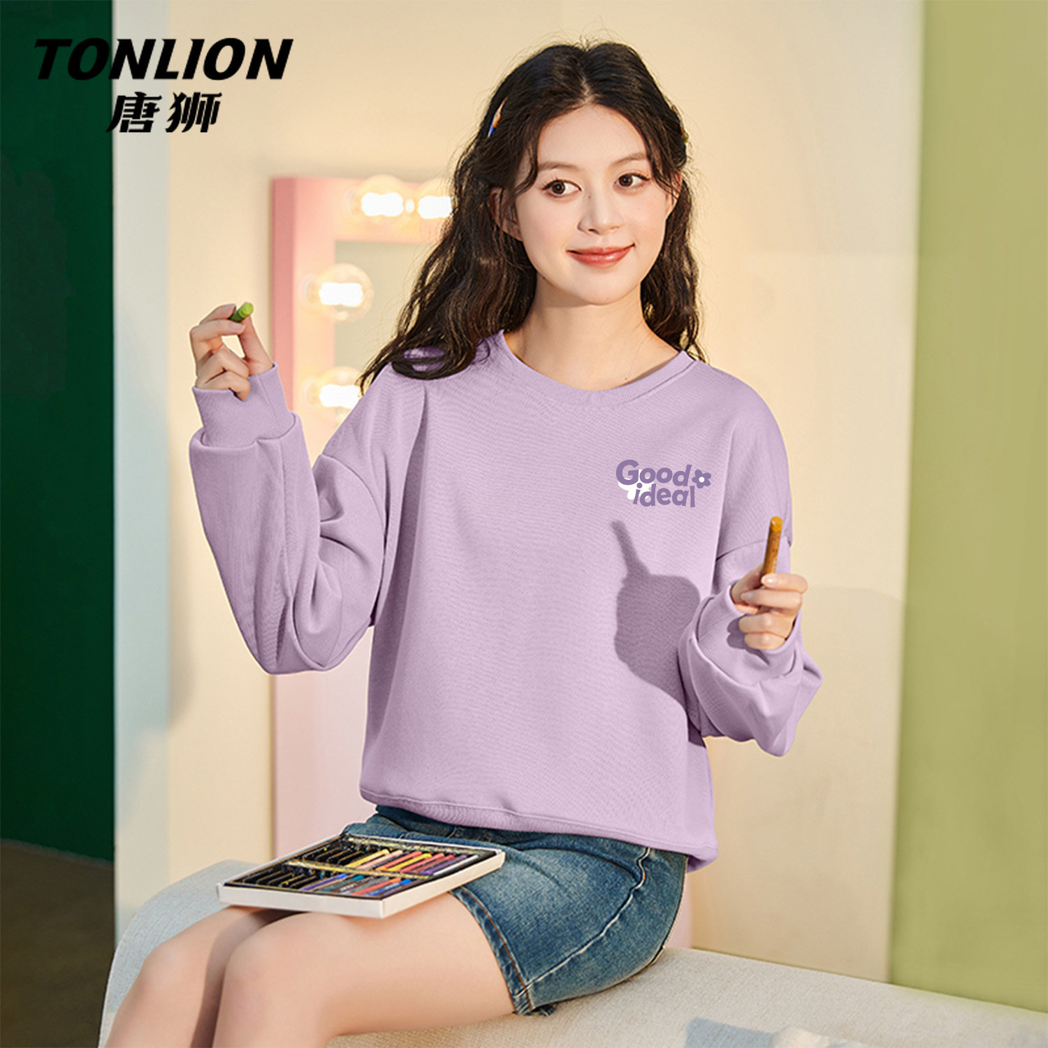 唐狮官方紫色圆领卫衣女春季2026新款休闲宽松百搭无帽套头上衣V