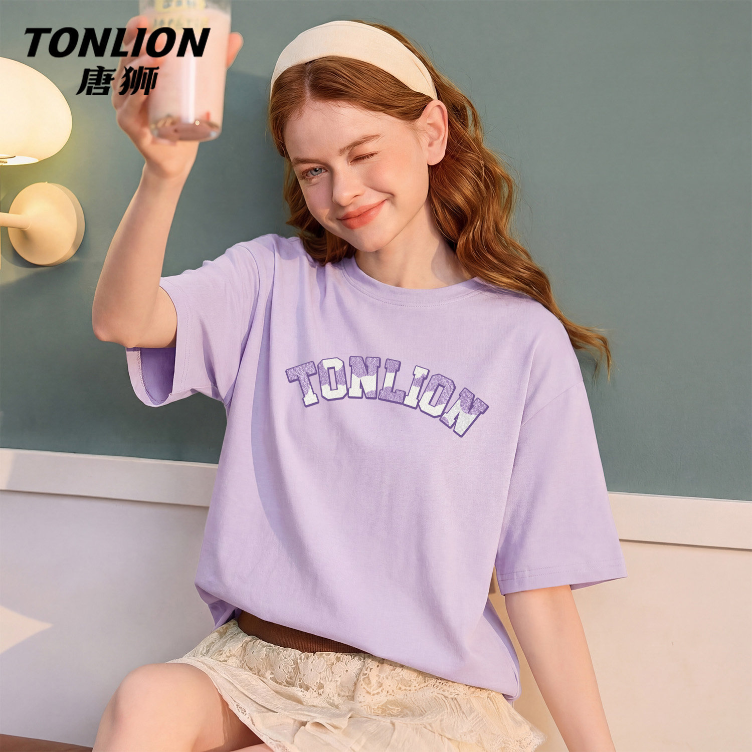 唐狮官方紫色休闲短袖t恤女夏季2026新款女士纯棉宽松半袖上衣V