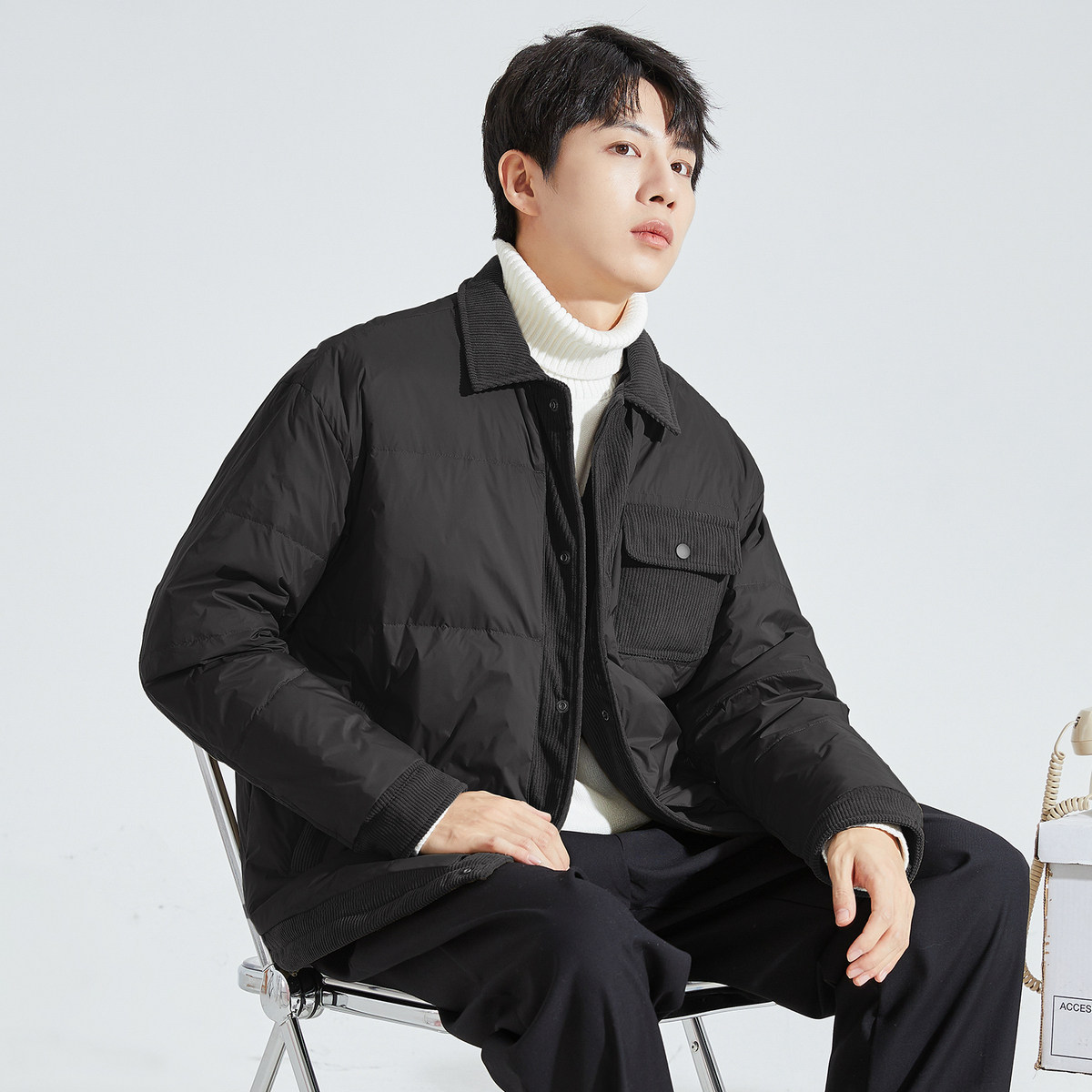 唐狮冬季新款男羽绒服灯芯绒翻领拼接衬衫休闲加厚夹克外套潮TD