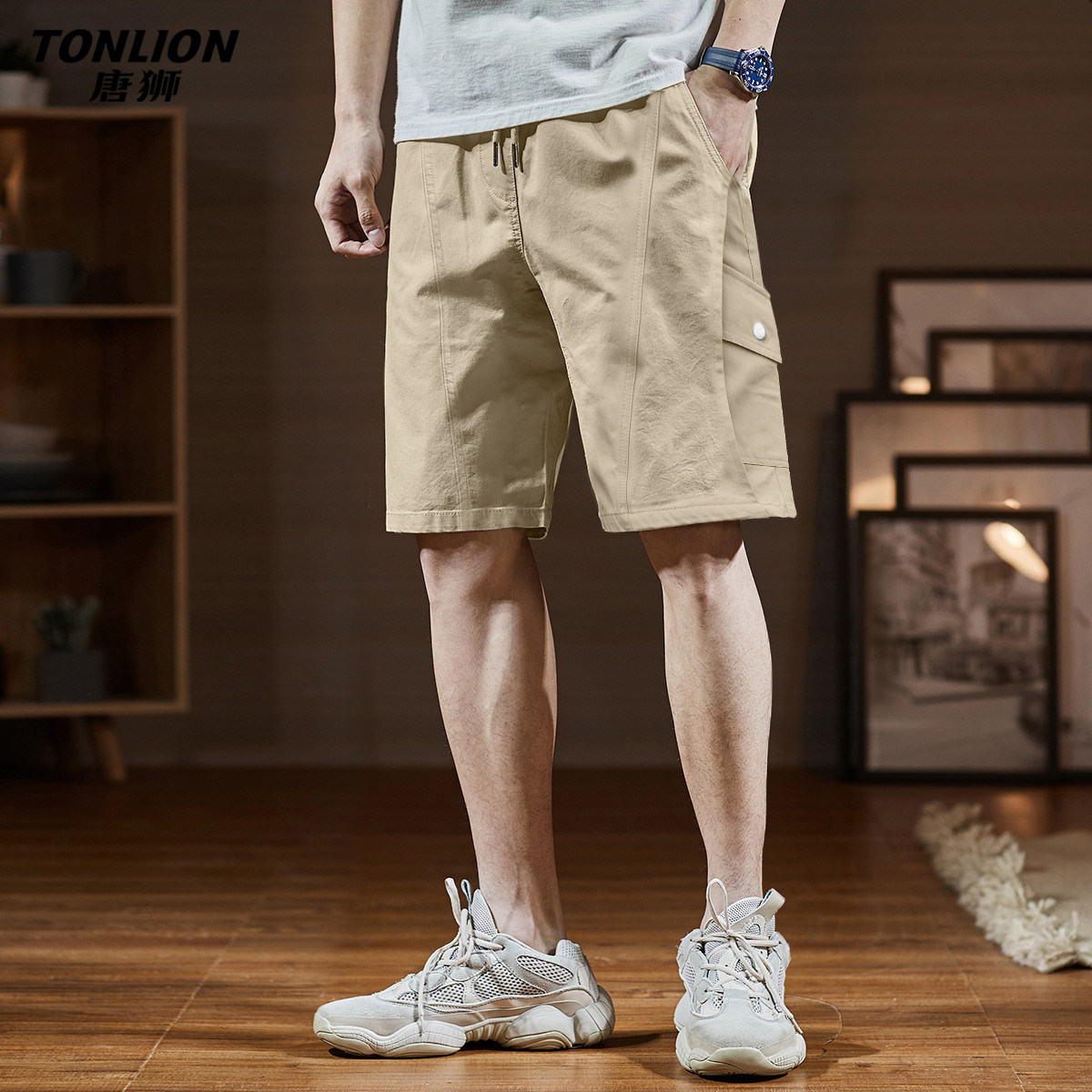 唐狮春夏季新款休闲裤男工装风短裤宽松五分裤抽绳休闲短裤潮流