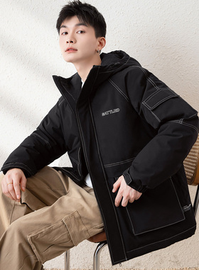 唐狮冬季新款男生羽绒服短款连帽黑色面包服厚外套加厚羽绒服TD