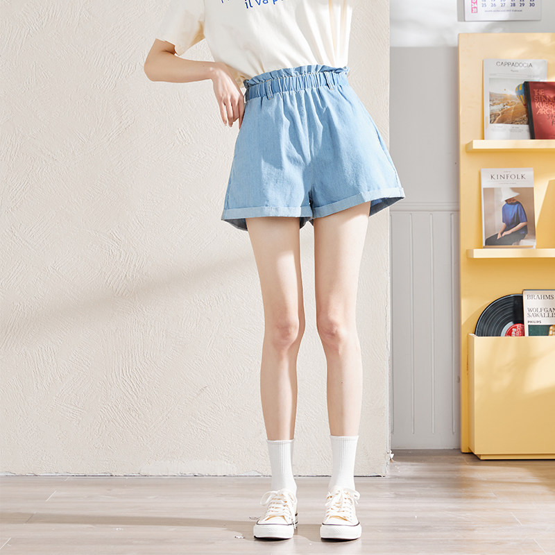 唐狮薄款牛仔短裤女夏季新款高腰花苞腰韩版宽松裤子设计感