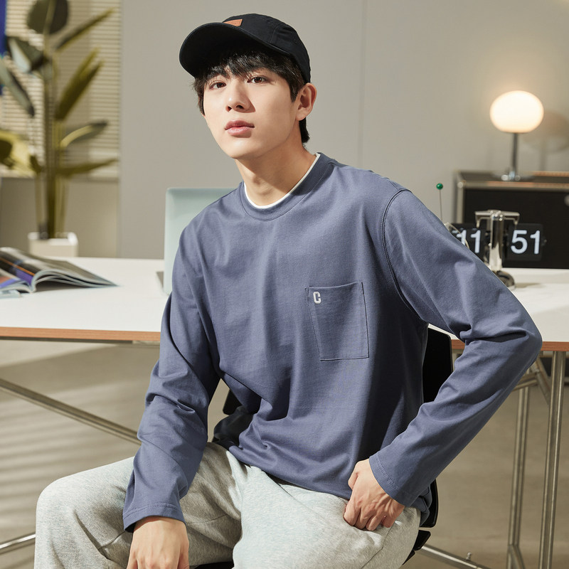 唐狮圆领长袖t恤衫男士春秋潮牌白色休闲宽松长袖t恤打底衫男港风