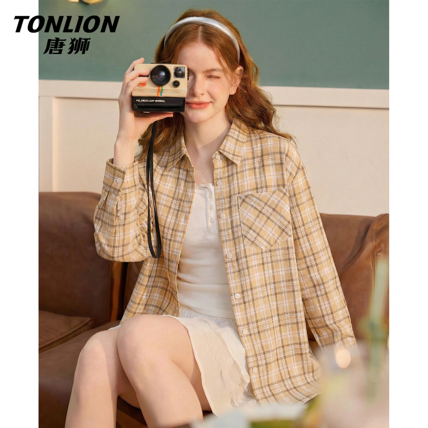 唐狮官方格子长袖衬衫外套女2025新款春秋款宽松慵懒风休闲衬衣V
