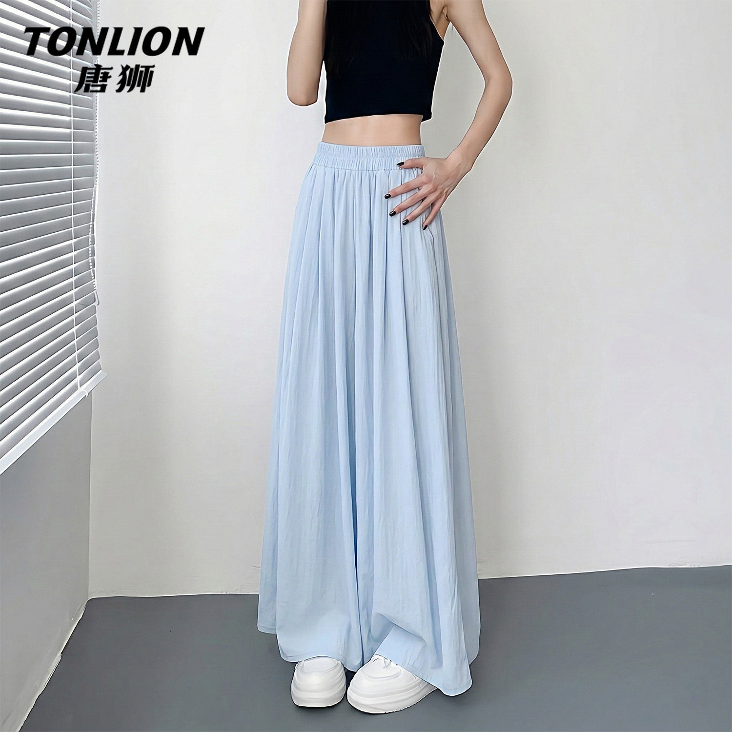 唐狮官方蓝色山本裙裤女夏季2026新款高腰休闲半身裙冰丝阔腿裤V