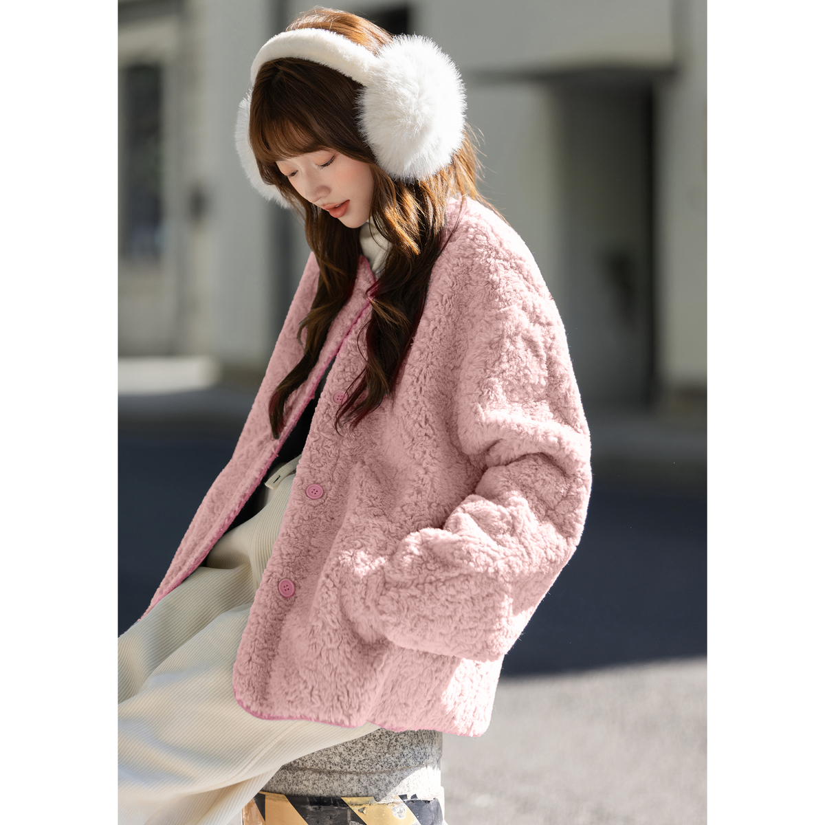 唐狮秋冬季仿羊羔毛外套女圆领小