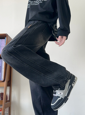 唐狮秋冬季新款男牛仔裤抽绳阔腿裤加绒加厚宽松美式裤子男WTA