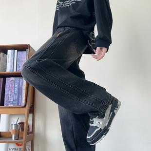 唐狮秋冬季新款男牛仔裤抽绳阔腿裤加绒加厚宽松美式裤子男WTA