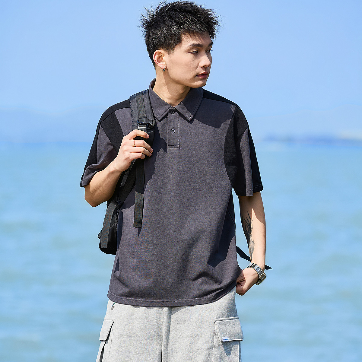 唐狮春夏季新款男短袖polo衫拼接撞色翻领上衣青少年运动T恤潮流