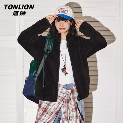 唐狮黑色摇粒绒外套女2025新款秋