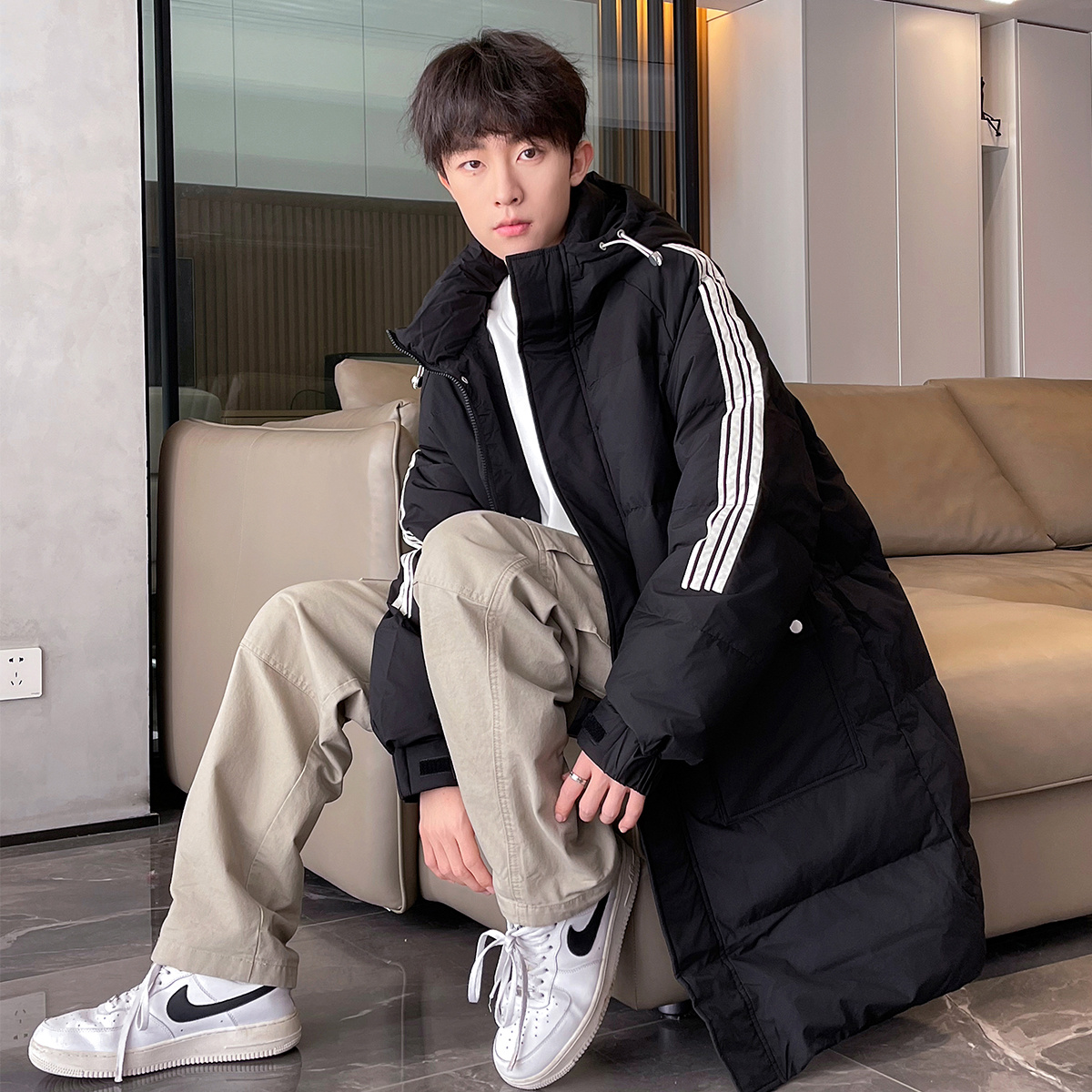 唐狮冬新款中长款男羽绒服连帽加