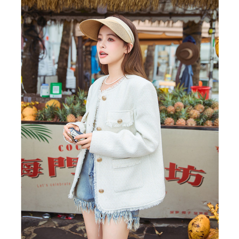 唐狮外套女春秋小香风法式白色春秋新款小个子气质女士上衣