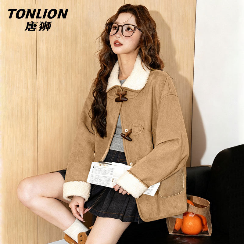 唐狮羊羔绒外套女冬季2025新款小个子加绒加厚内胆保暖开衫上衣V