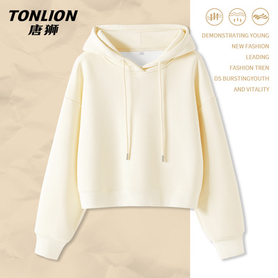 唐狮杏色连帽加绒卫衣女秋冬2025新款爆款奥粒绒保暖短款外套女VB