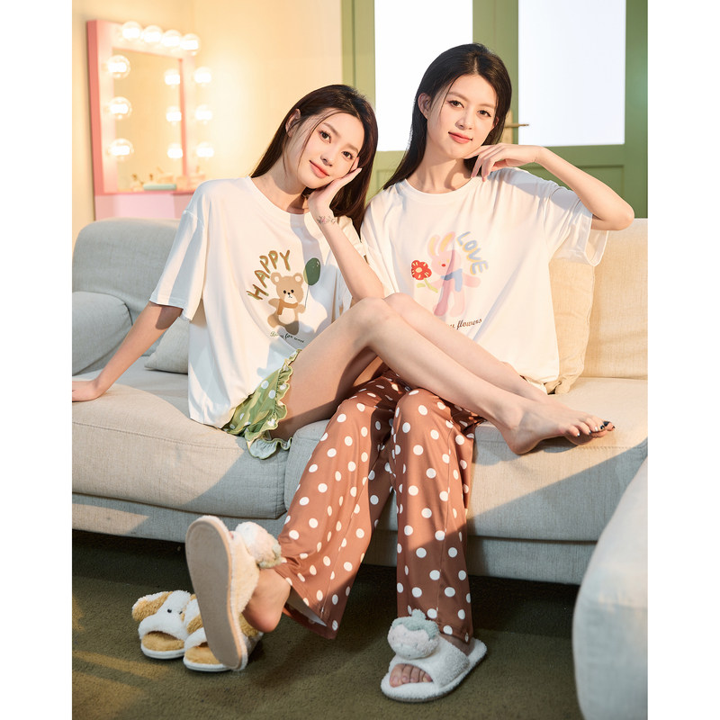 唐狮睡衣女士夏季薄款短袖长裤大码夏天女款甜美家居服学生套装