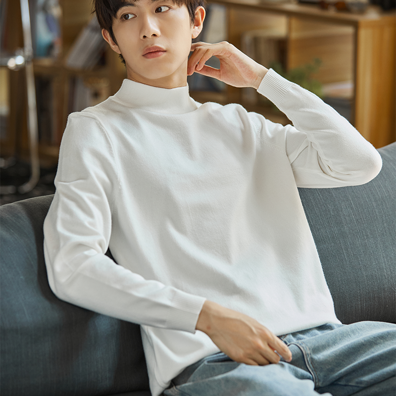 唐狮白色打底衫男士秋冬新款圆领内搭纯色针织衫保暖半高领毛衣
