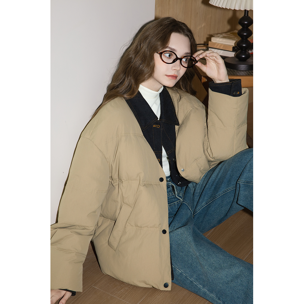 唐狮冬款羽绒服女款翻领牛仔拼接假两件短款羽绒服高级感少女TU