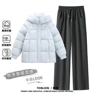 唐狮2026冬季女中长款棉服搭配拼接直筒卫裤日常潮流百搭时尚套装