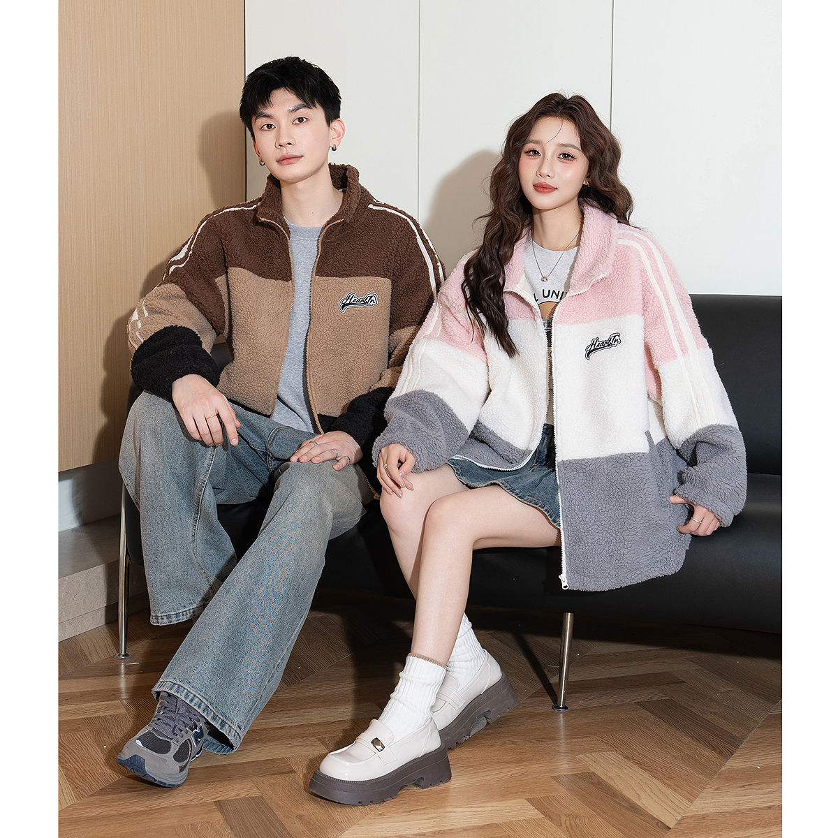 唐狮春季新款情侣外套女立领拼接