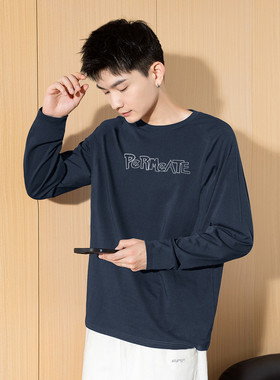 唐狮春秋新款长袖T恤男印花圆领字母上衣百搭休闲内搭打底潮tTD