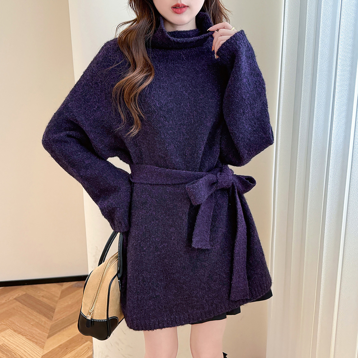 秋冬季毛衣连衣裙女气质高领套头紫色短裙慵懒风高级感TU
