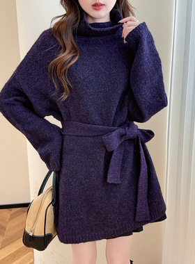 秋冬季毛衣连衣裙女气质高领套头紫色短裙慵懒风高级感TU