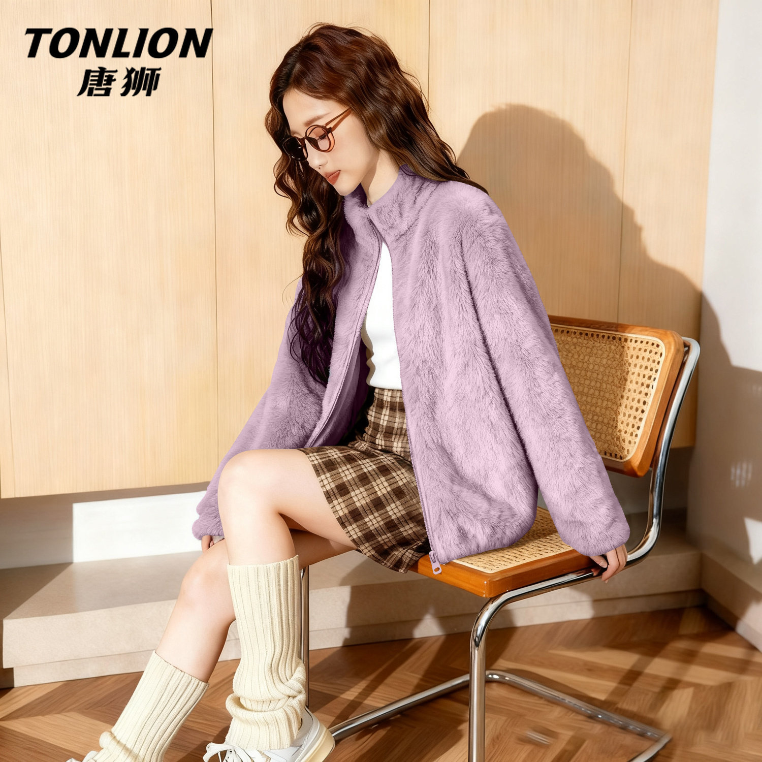 唐狮紫色加绒外套女2025新款冬季小个子加厚摇粒绒立领开衫上衣V