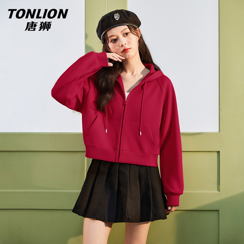 唐狮红色连帽卫衣外套女2026新款春秋款小个子短款开衫上衣VB,女装/女士精品,卫衣/绒衫,淘宝优惠券,粉丝福利购,淘宝优惠卷