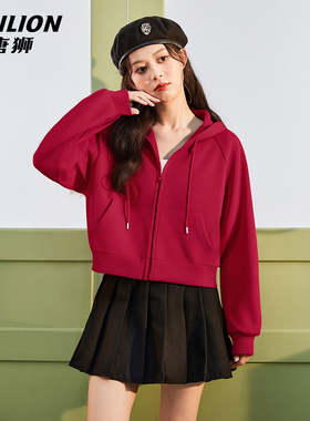 唐狮红色连帽卫衣外套女2026新款春秋款小个子短款开衫上衣VB