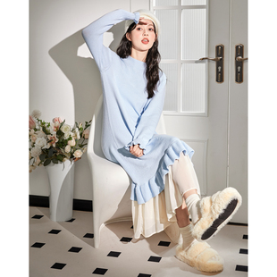 唐狮冬季白色针织连衣裙女中长款毛衣裙内搭打底裙配大衣小个子TD