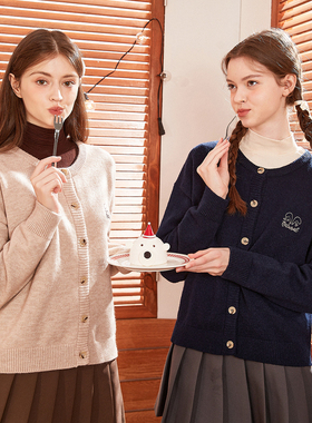唐狮女净色圆领毛织开衫春秋新日系慵懒复古vintae毛衣针织衫