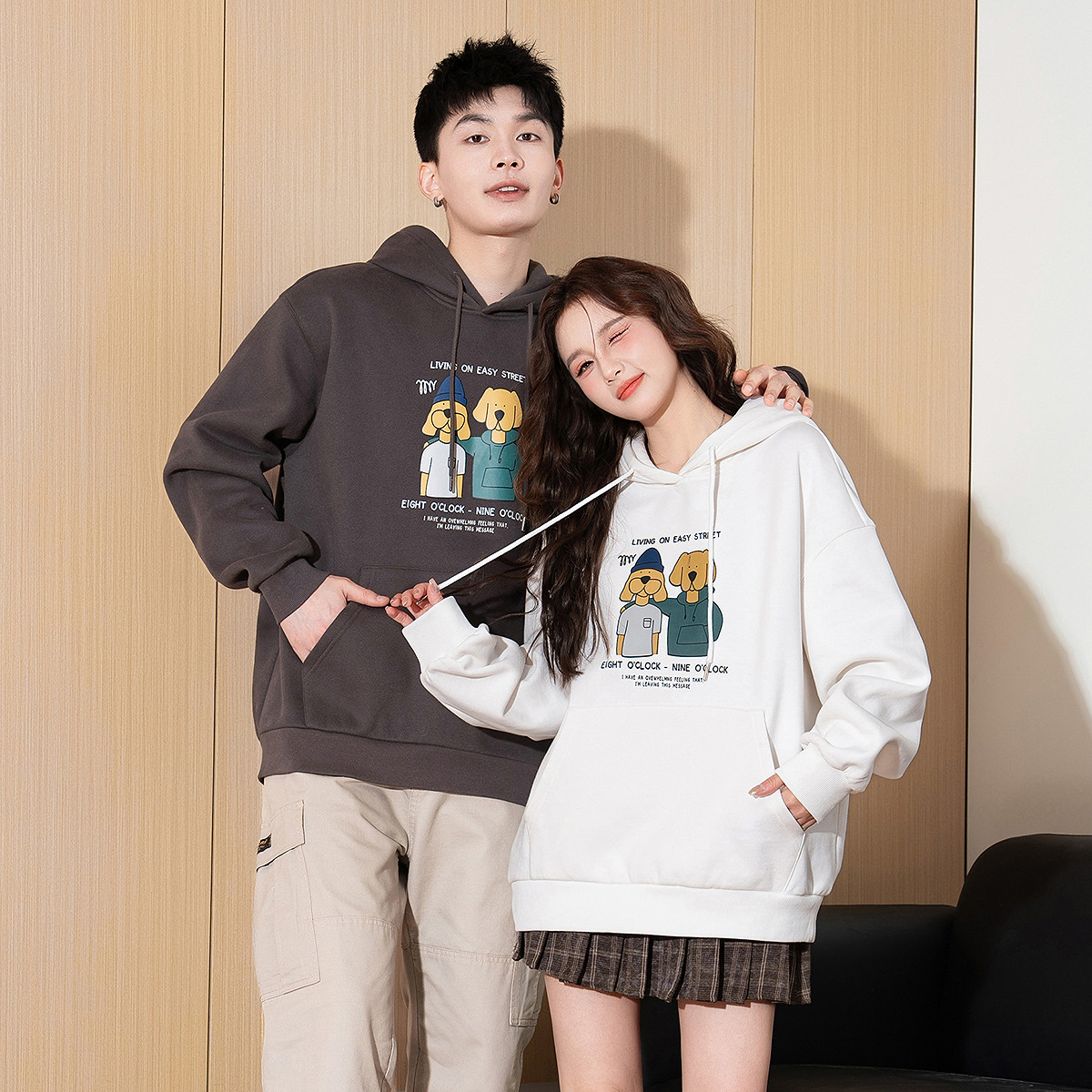 唐狮春秋新款情侣卫衣百搭连帽白色卡通印花上衣潮流灰色宽松tu