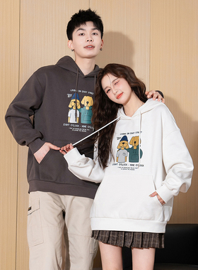 唐狮春秋新款情侣卫衣百搭连帽白色卡通印花上衣潮流灰色宽松tu