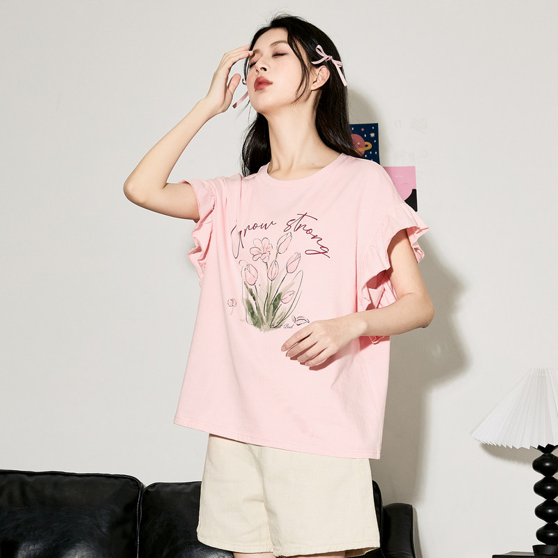 唐狮花边袖短袖T恤女夏季新款情侣装设计感甜美上衣洋气小衫爆款