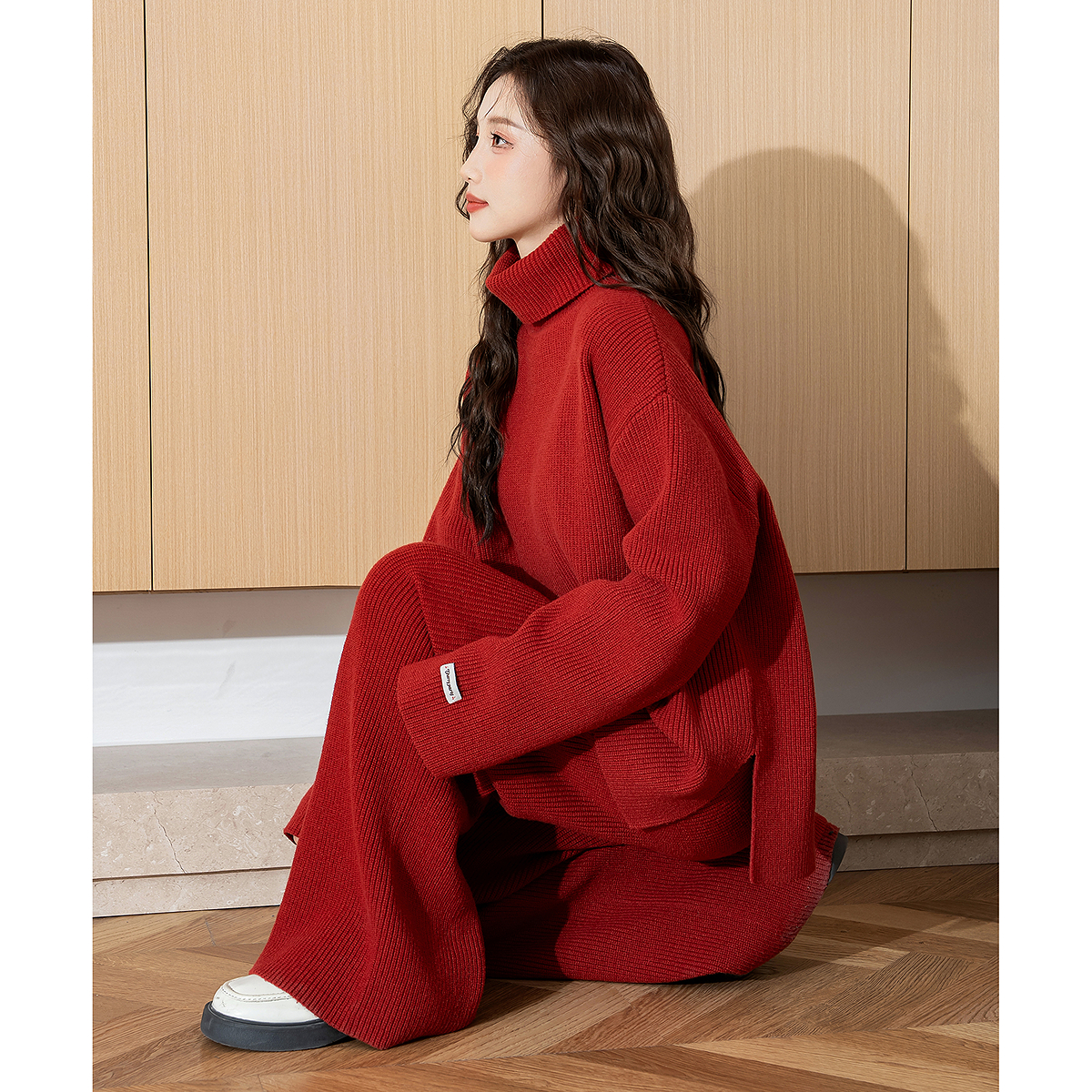 唐狮红色毛衣套装女秋季新款针织