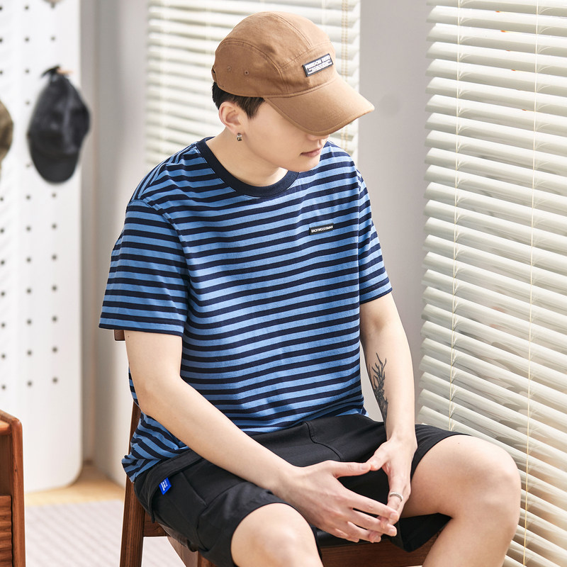 唐狮夏季条纹纯棉短袖t恤男潮休闲宽松左胸定标圆领夏装短袖体恤