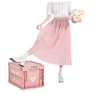 唐狮夏季净色细百褶半身裙女百褶中长裙百搭基础色气质甜美纱裙