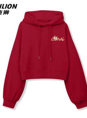 唐狮红色短款连帽卫衣女春秋款2026新款韩版小个子休闲上衣外套VB